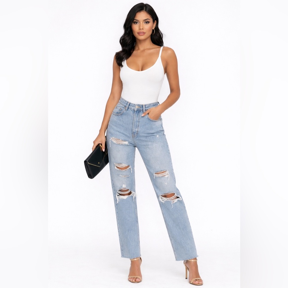 Zara Wide Leg High-Rise Full Length Light Blue Distressed Jeans